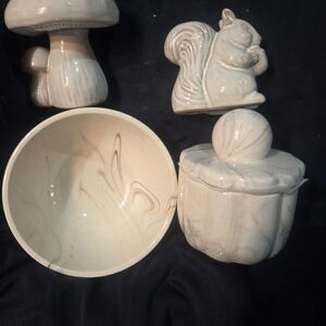 Whimsical Ceramic Squirrel and Mushroom Set - White